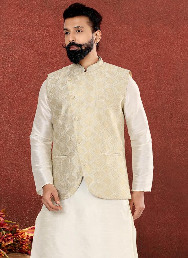 Jacquard Silk White Festival Wear Embroidery Work Readymade Men's Waist Coat